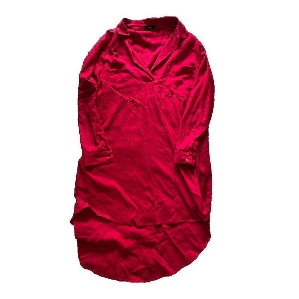 Ruti Dress Red Linen Hi Low Shift Small / Medium Pocketed Pullover Shirt Dress